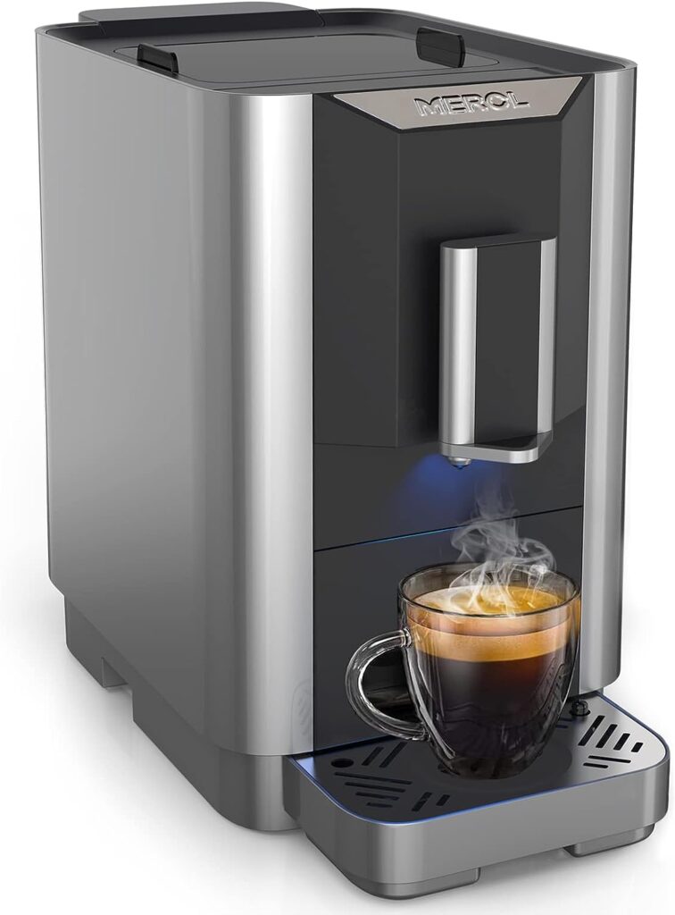 MEROL Super Automatic Espresso Coffee Machine, 19 Bar Barista Pump Coffee Maker with Adjustable Grinder, Touch Screen, Silver