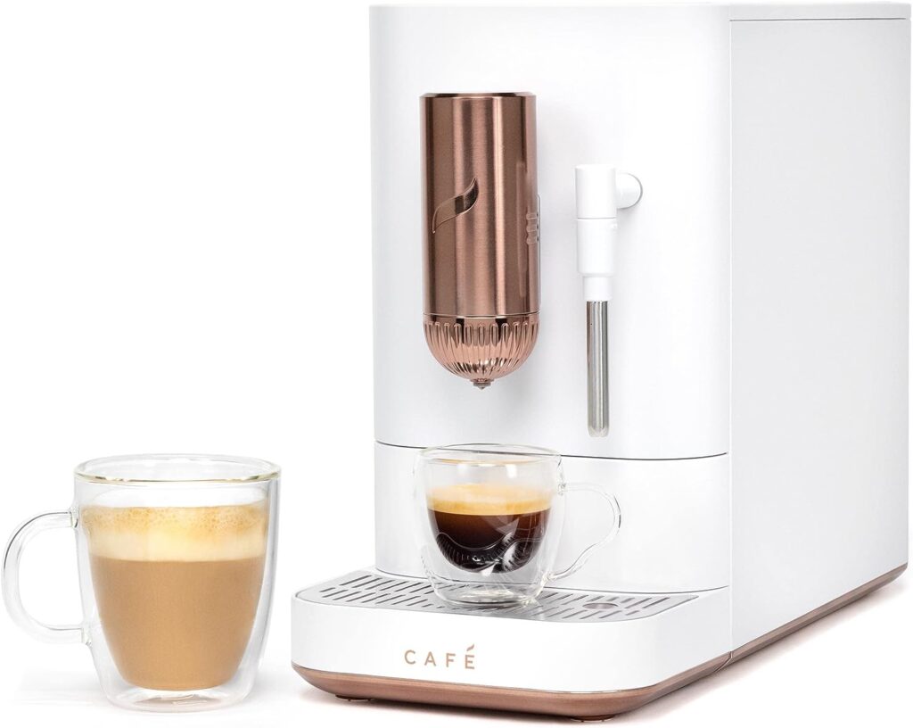 Café Affetto Automatic Espresso Machine + Milk Frother | Built-In  Adjustable Espresso Bean Grinder | One-Touch Brew in 90 Seconds | Matte White, 1.2 Liter, (C7CEBBS4RW3)