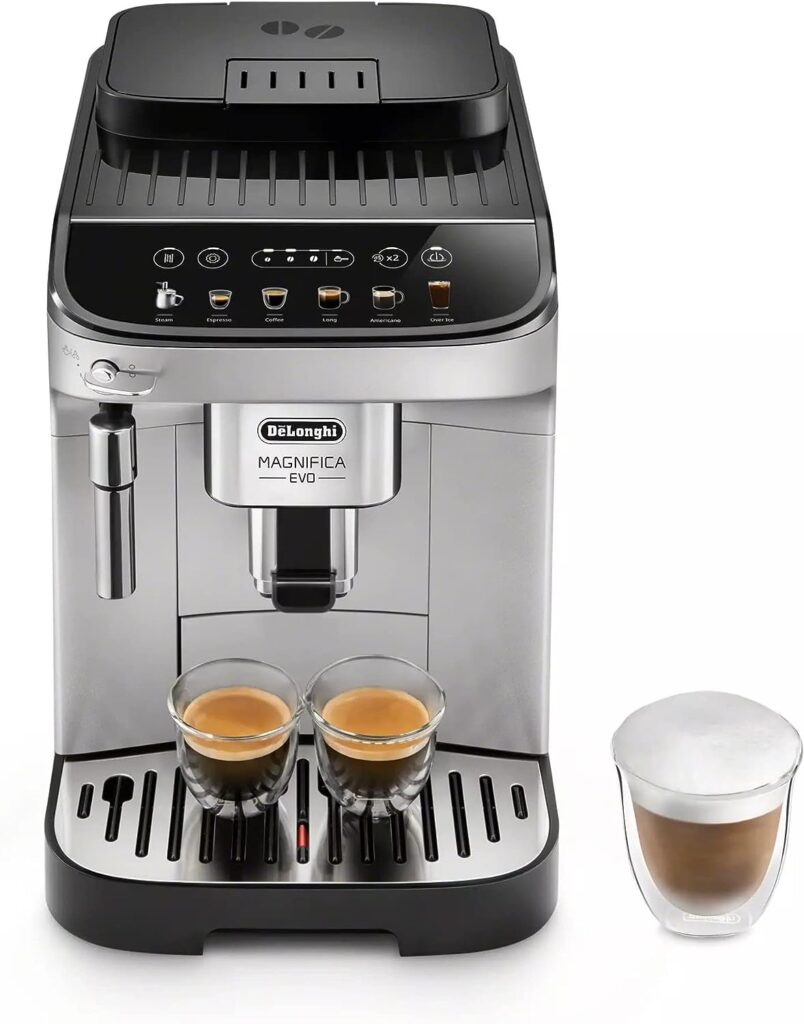 DeLonghi Magnifica Evo, Fully Automatic Machine Bean to Cup Espresso Cappuccino and Iced Coffee Maker, Colored Touch Display, Black, Silver