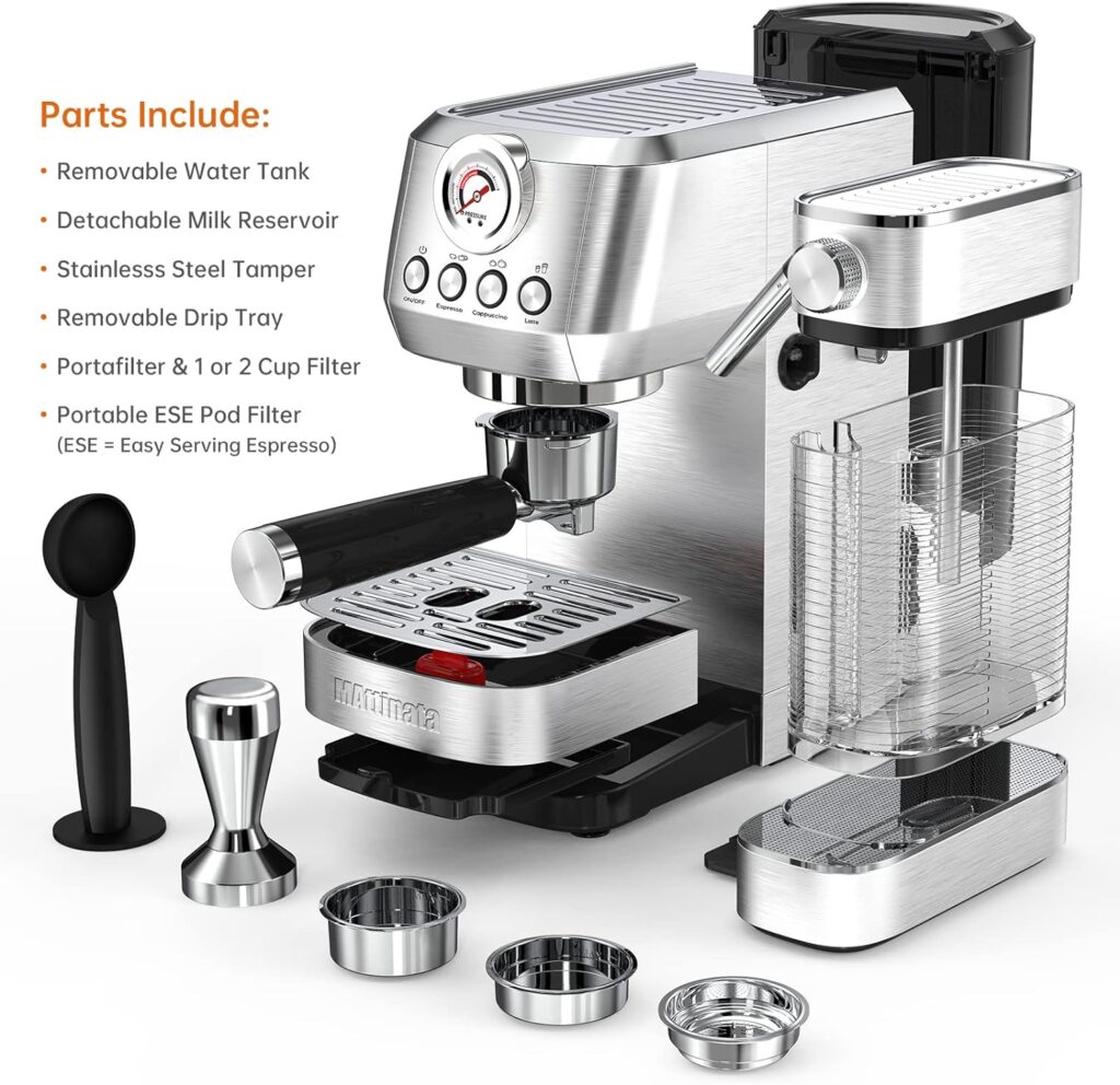 MAttinata Cappuccino Machine and Espresso Machine, 20 Bar Stainless Steel Latte Maker and Espresso Machine for Home with Automatic Milk Frothing System