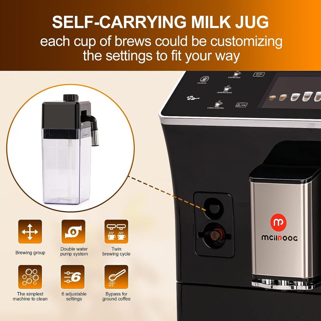 Mcilpoog Super Automatic Espresso Coffee Machine,Fully Automatic Espresso Machine With Grinder, Easy To Use Touch Screen Coffee Maker with Milk Frother.(WS-202)