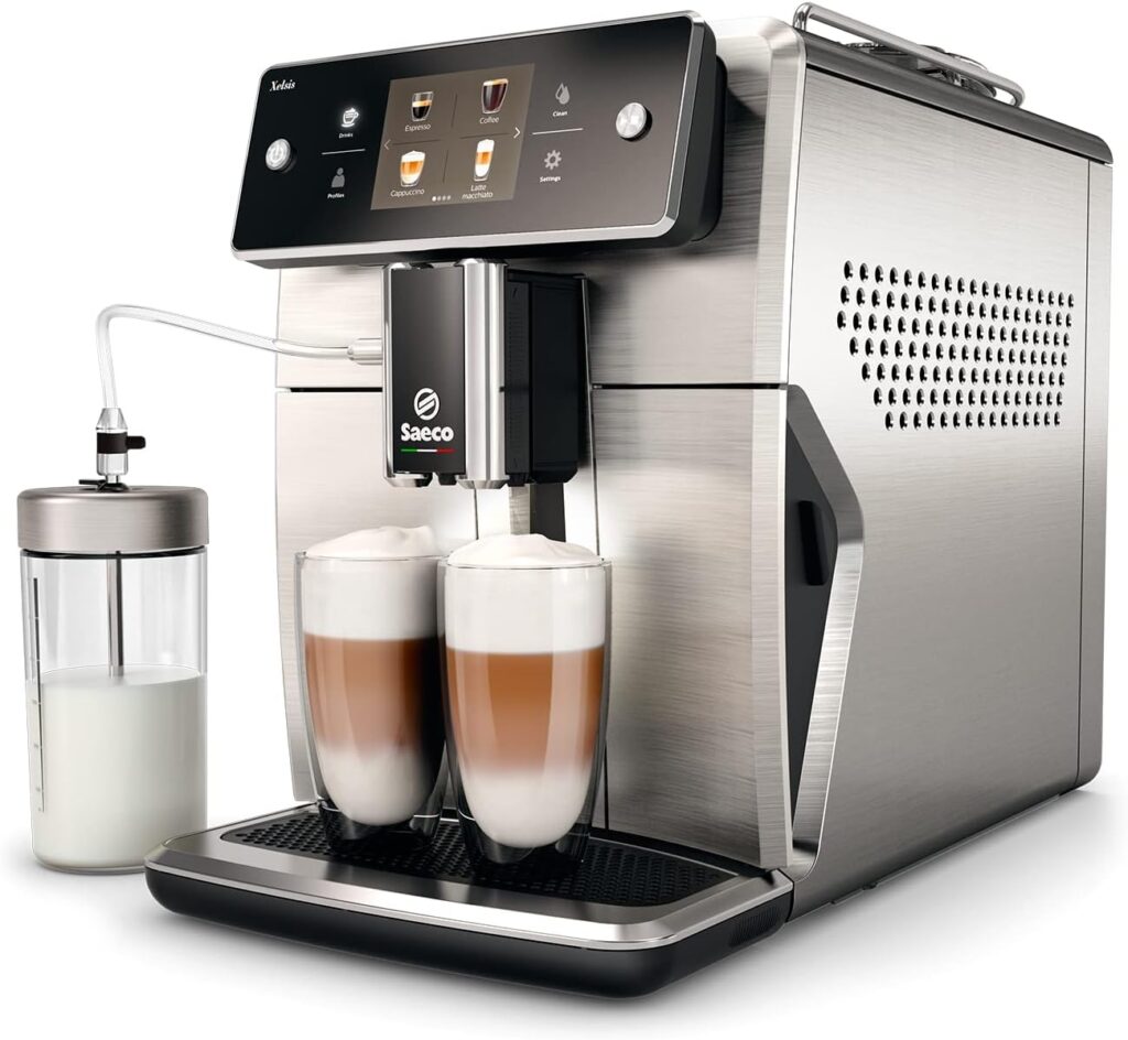 Philips Saeco Xelsis Super Automatic Espresso Machine - LatteDuo Milk System, 15 Coffee Varieties, 8 User Profiles, Touch Screen, Stainless Steel, (SM7685/04)