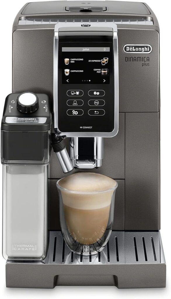 DeLonghi ECAM37095TI Dinamica Plus with LatteCrema System, Fully Automatic Coffee Machine, Colored Touch Display,Titanium