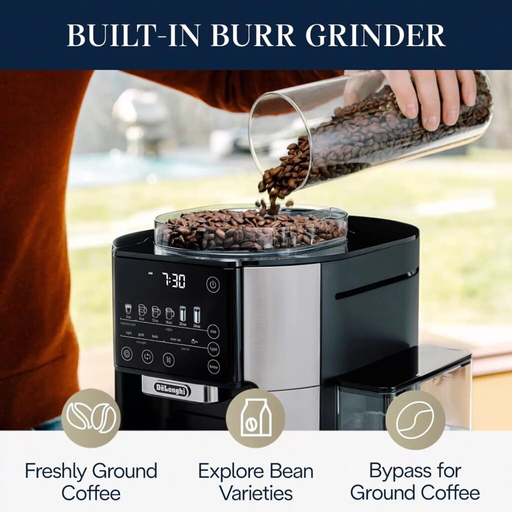 DeLonghi TrueBrew Drip Coffee Maker, Built in Grinder, Single Serve, 8 oz to 24 oz, Hot or Iced Coffee, Stainless, CAM51025MB