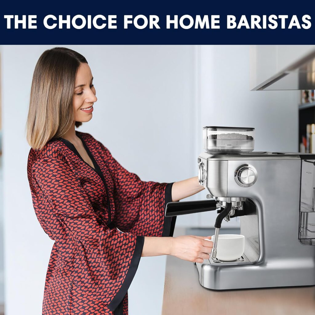 Espresso Machine with Grinder and Milk Frother, 20 Bar Semi Automatic Espresso Coffee Machine Latte and Cappuccino Coffee Maker All in One Espresso Machine for Home Barista, Brushed Stainless Steel