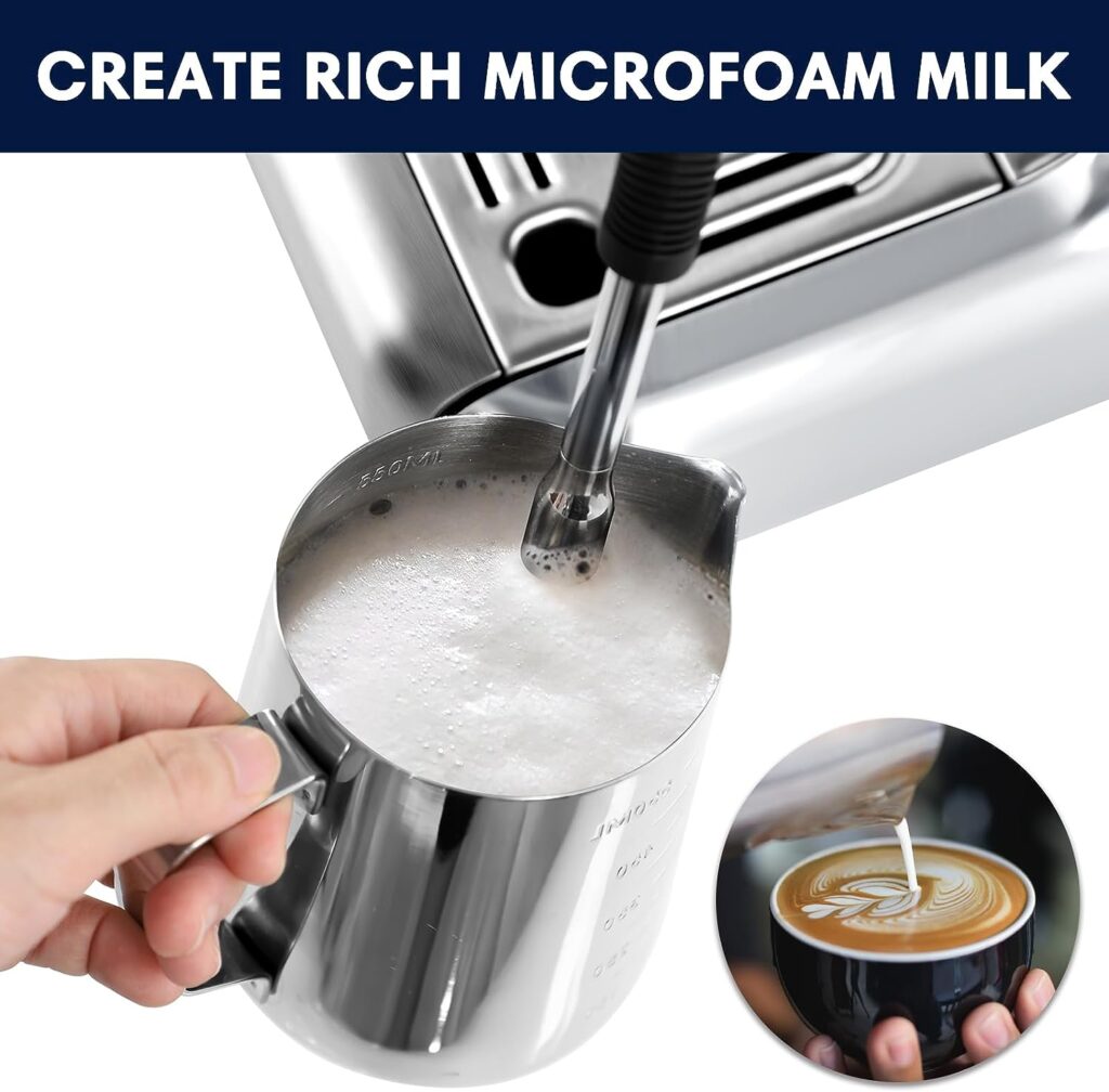 Espresso Machine with Grinder and Milk Frother, 20 Bar Semi Automatic Espresso Coffee Machine Latte and Cappuccino Coffee Maker All in One Espresso Machine for Home Barista, Brushed Stainless Steel