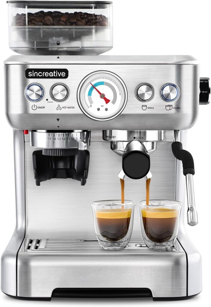 Espresso Machine with Grinder and Milk Frother, 20 Bar Semi Automatic Espresso Coffee Machine Latte and Cappuccino Coffee Maker All in One Espresso Machine for Home Barista, Brushed Stainless Steel