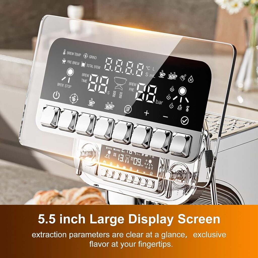 Mcilpoog Espresso Machine with Milk Frother，Semi Automatic Coffee Machine with Grinder,Easy To Use Espresso Coffee Maker with 6 inch Large Screen,15 Bar Pressure Pump,PID Temperature Control.（TC520）