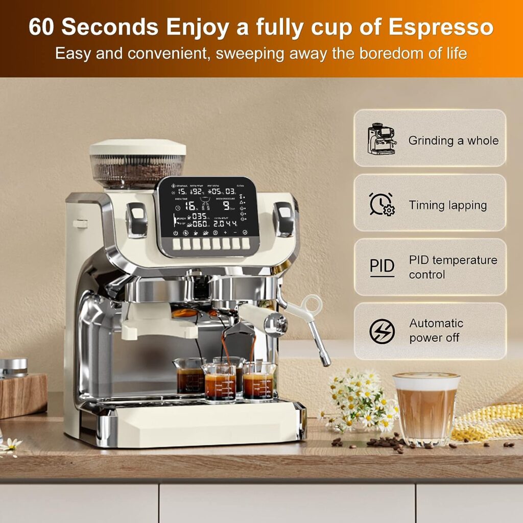 Mcilpoog Espresso Machine with Milk Frother，Semi Automatic Coffee Machine with Grinder,Easy To Use Espresso Coffee Maker with 6 inch Large Screen,15 Bar Pressure Pump,PID Temperature Control.（TC520）