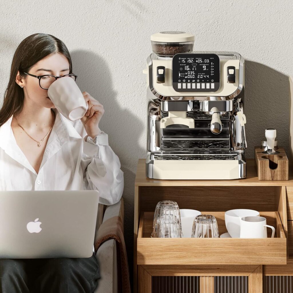 Mcilpoog Espresso Machine with Milk Frother，Semi Automatic Coffee Machine with Grinder,Easy To Use Espresso Coffee Maker with 6 inch Large Screen,15 Bar Pressure Pump,PID Temperature Control.（TC520）